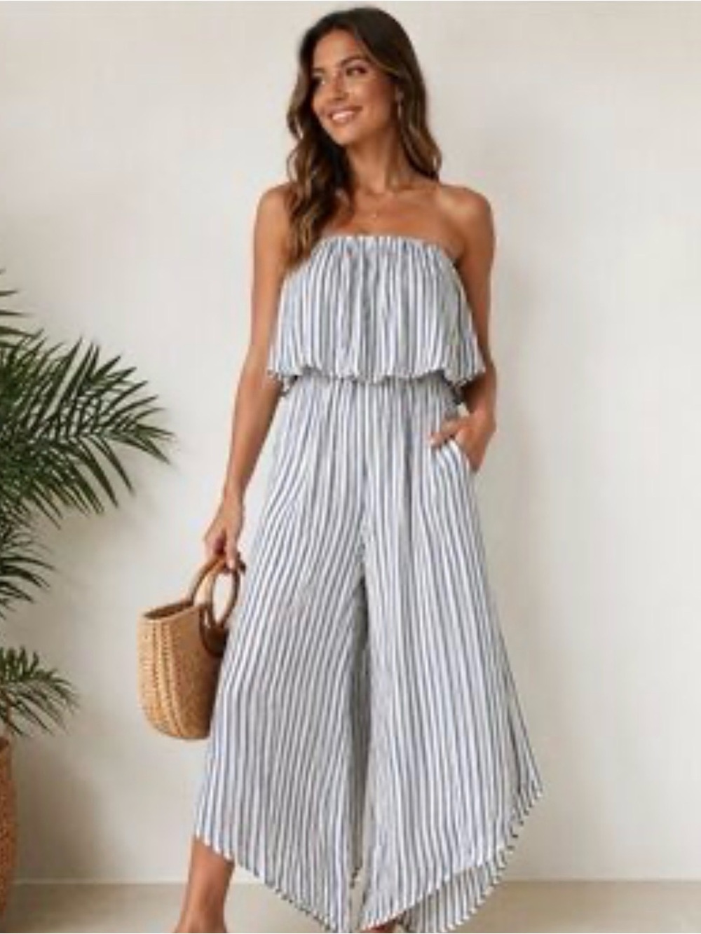 Japna Striped Strapless Ruffle Jumpsuit Tulip Hem Wide Leg Coastal Summer Small